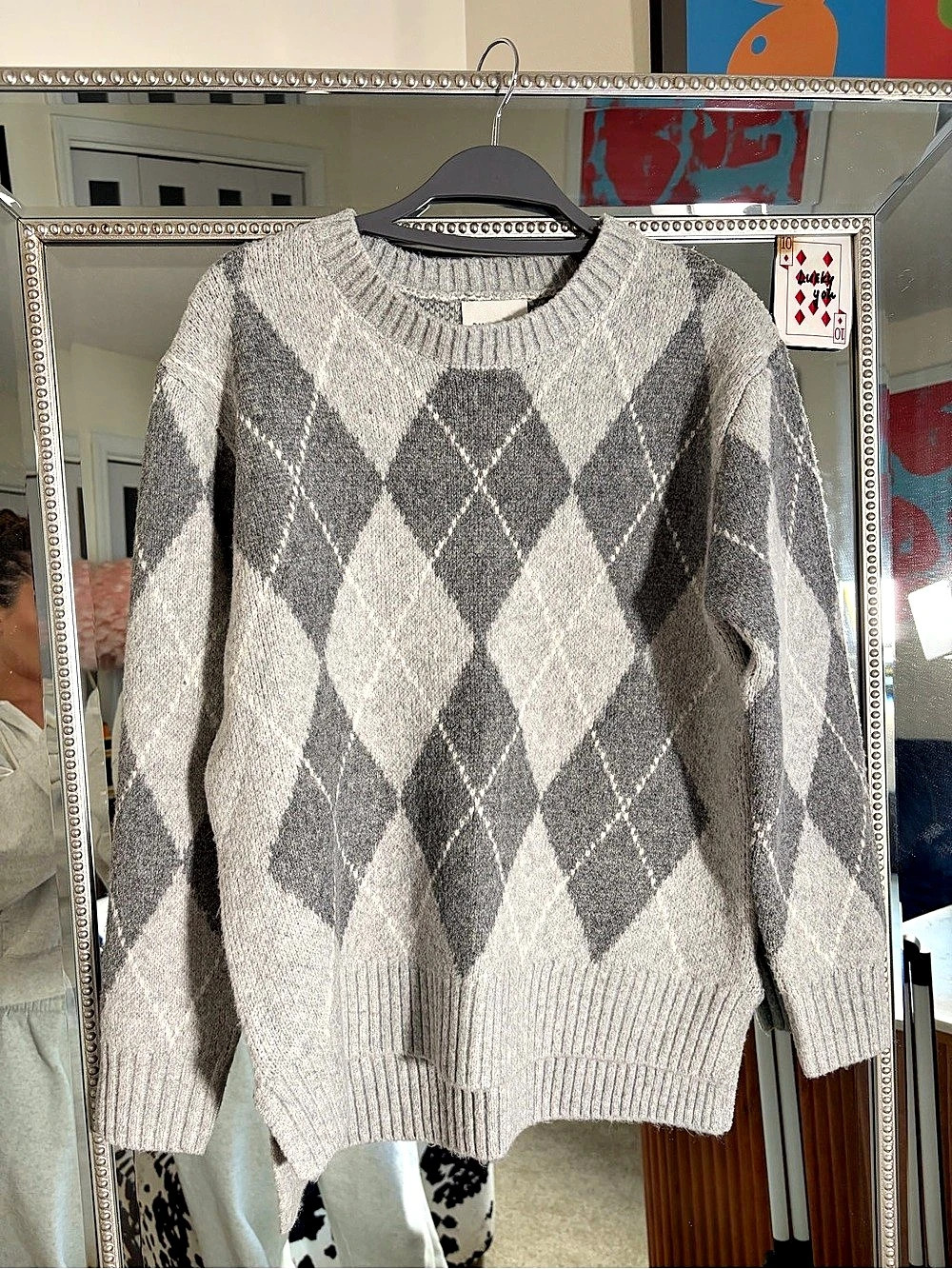 PINK ROSE Argyle Crewneck Sweater in Gray & White XS Like New